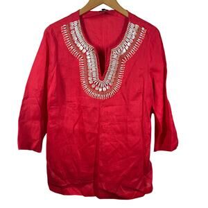 Talbots Top Women M Red Linen Shell Beaded Neck Detail Tunic Beach Spring Coast